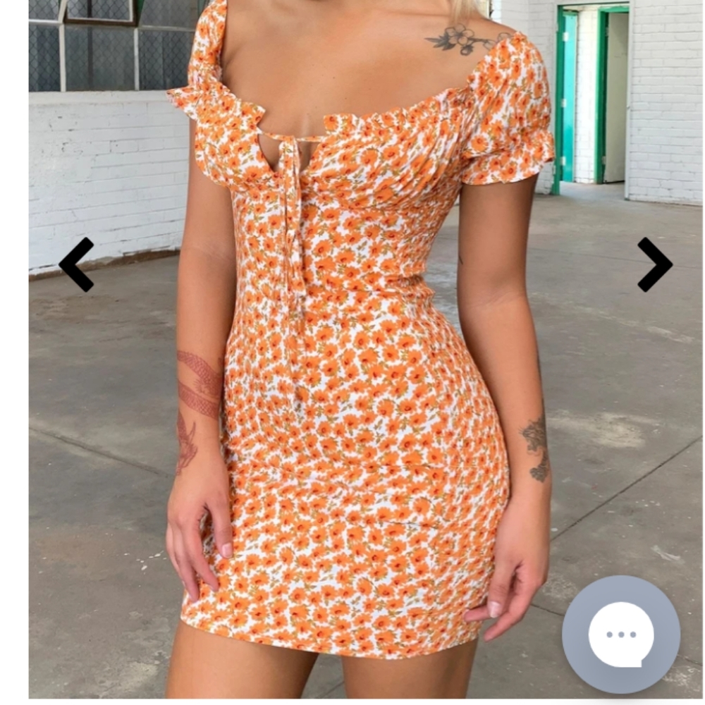 Orange floral puff sleeve mini dress